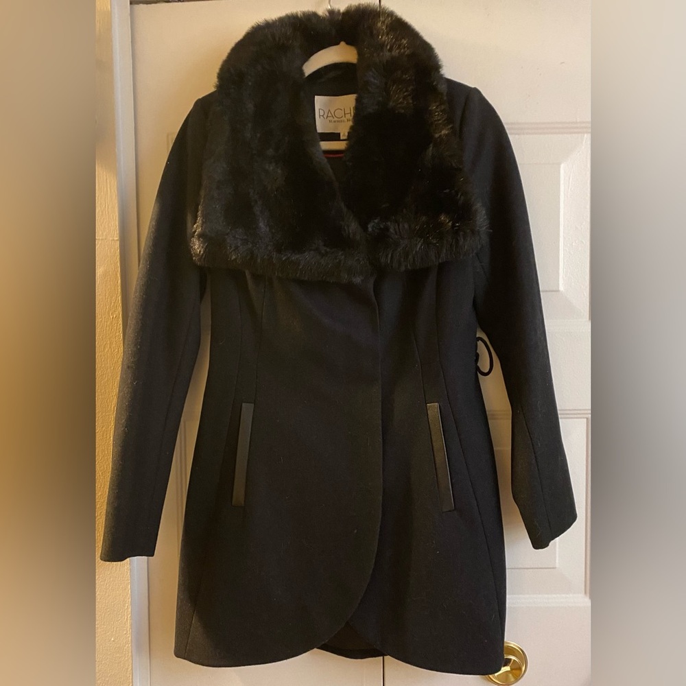 Rachel Elegant Black Trench Coat with Faux Fur